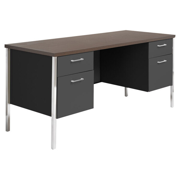 A walnut and black Alera double pedestal steel credenza desk with drawers.