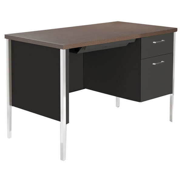 Alera ALESD4524BM 45 1/4" x 24" Walnut and Black Single Pedestal Steel Desk