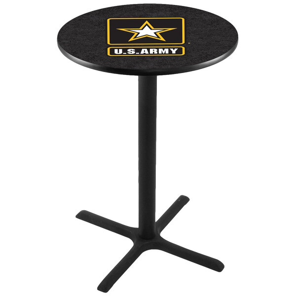 A black round table with a white United States Army logo and a black base.