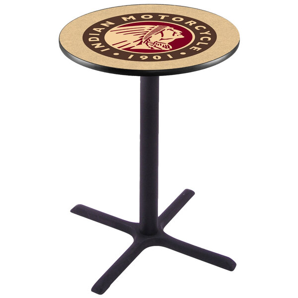 A black round table with a red Indian Motorcycle logo on it.