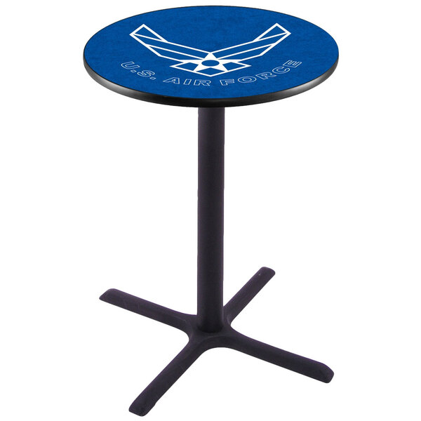 A blue United States Air Force logo on a blue Holland Bar Stool pub table.