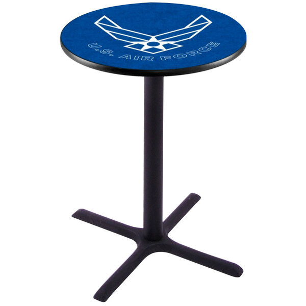 A black bar height pub table with a blue and white United States Air Force logo on the surface.