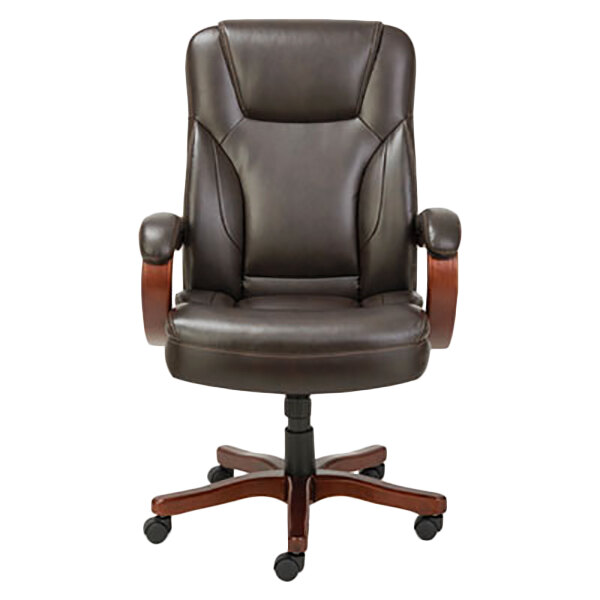 Alera ALETS4159W Transitional Chocolate Marble Leather Office Chair with Fixed Arms and Walnut Wood Swivel Base