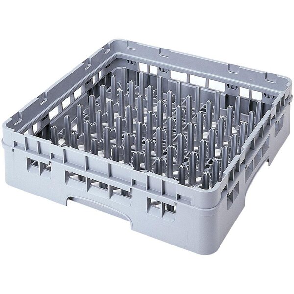A grey plastic Cambro dish rack with many compartments and holes.