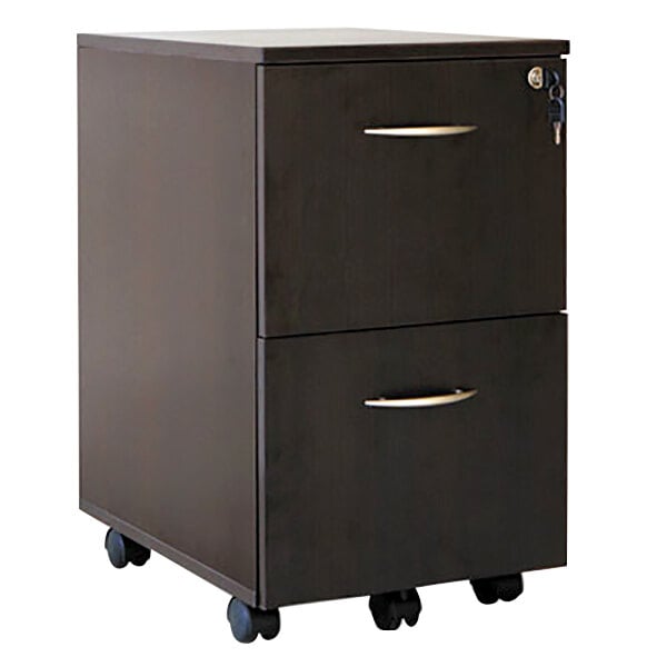 An Alera Sedina Espresso mobile pedestal file cabinet with silver drawer pulls on wheels.