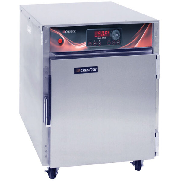 A silver Cres Cor Roast-N-Hold convection oven on a school kitchen counter with a digital display and dials.