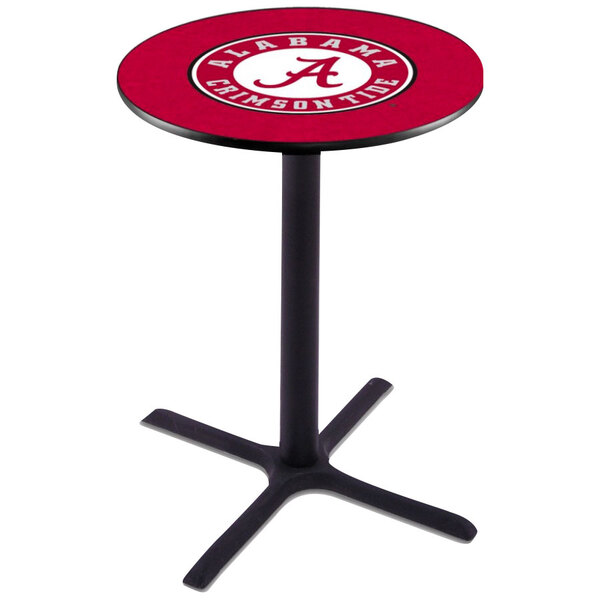 A black bar height pub table with the University of Alabama logo in red and white.