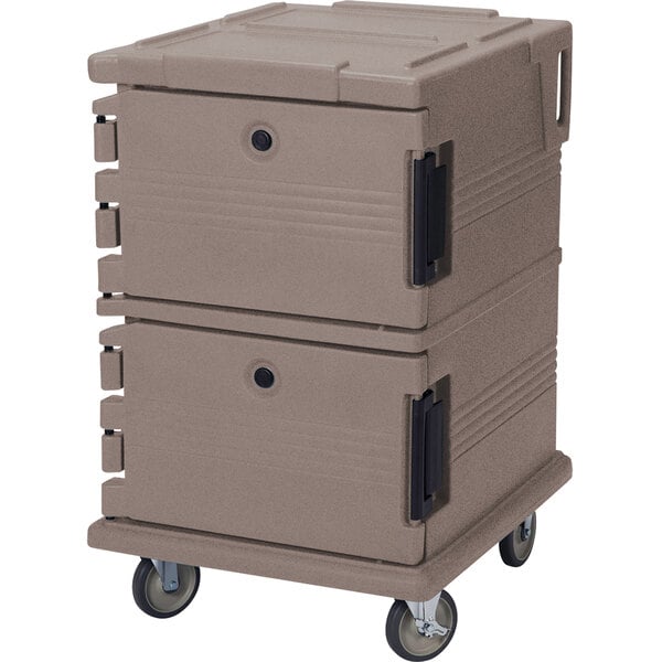 A large Cambro granite sand insulated food pan carrier on wheels.
