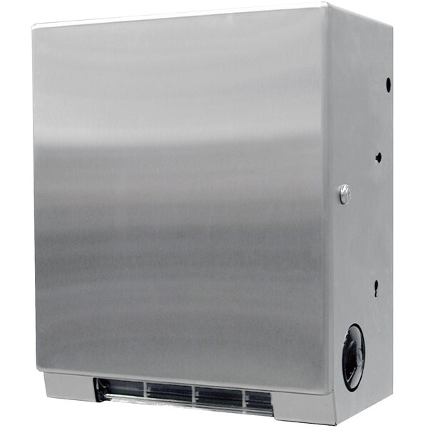 A silver stainless steel box with a black touch-free module for paper towels.
