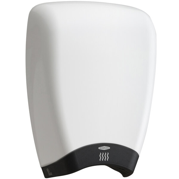 A white hand dryer with black trim.