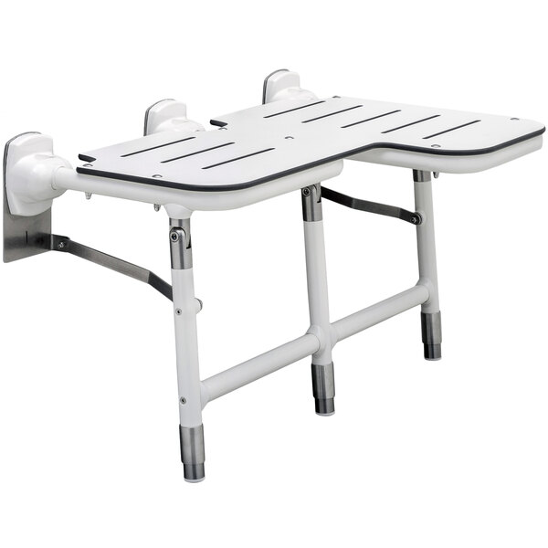 A white Bobrick left-handed bariatric folding shower seat with legs.
