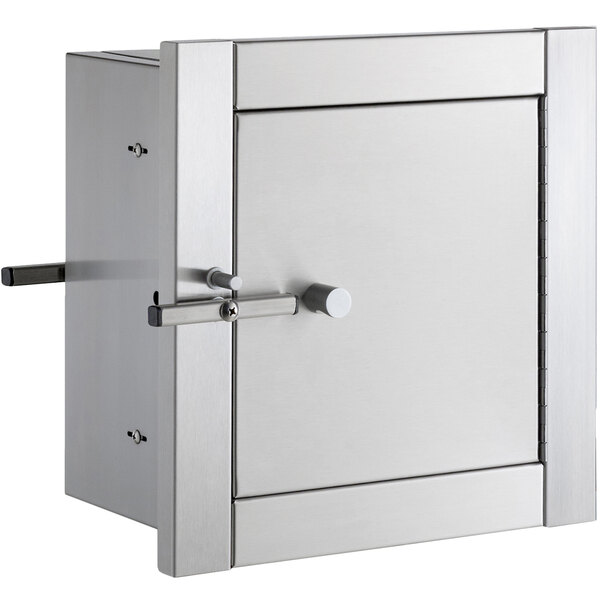 A stainless steel box with a latch and a handle.