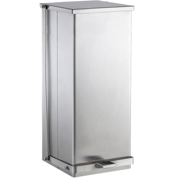 A white rectangular stainless steel Bobrick waste receptacle with a foot pedal.