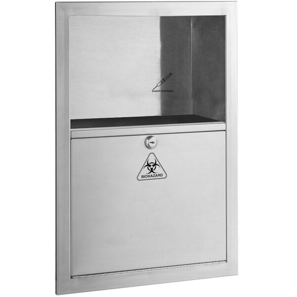 A stainless steel Bobrick recessed rectangular sharp disposal box with a lid.
