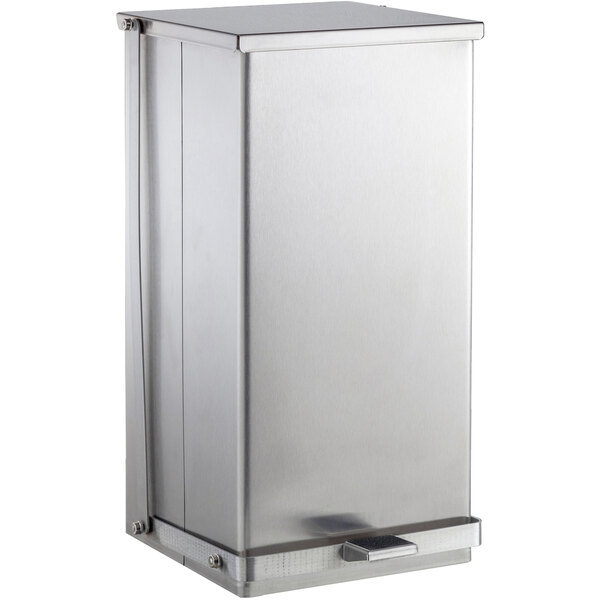 A Bobrick stainless steel rectangular foot-operated waste receptacle.