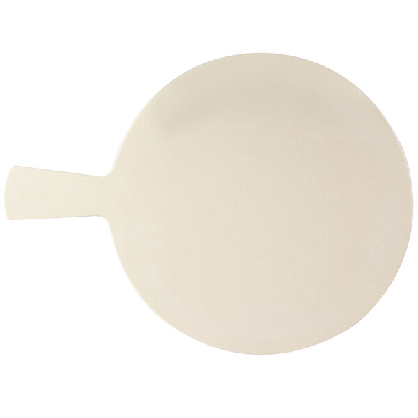 A white round Elite Global Solutions serving board with a handle.