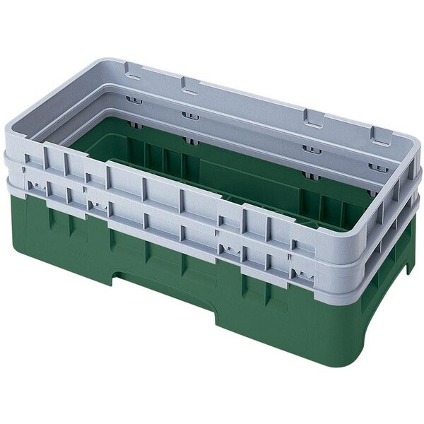 A green and grey plastic Cambro Camrack half size open base rack with 2 extenders.