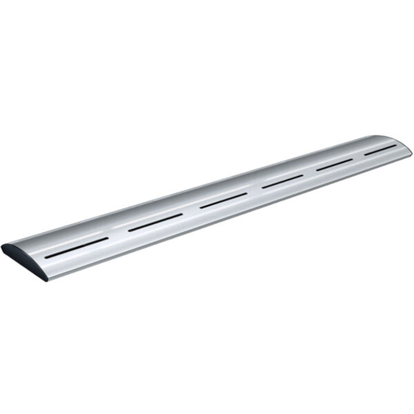 A long white metal tube with a silver metal curved strip with three holes.