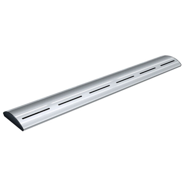 A silver metal curved strip with a silver metal beam and remote toggle controls.