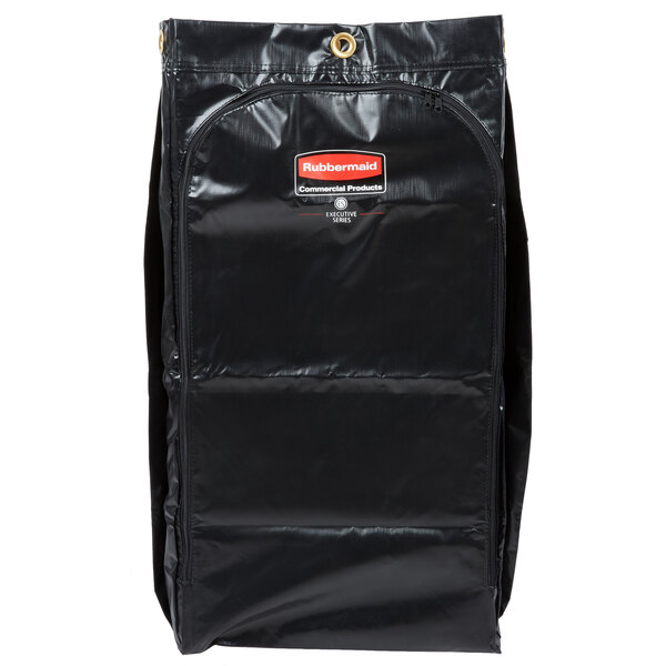 A black Rubbermaid janitor cart bag with a red zipper.