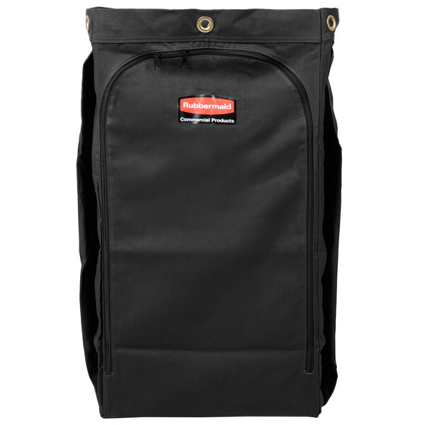 A black Rubbermaid bag with a red logo and a zipper.