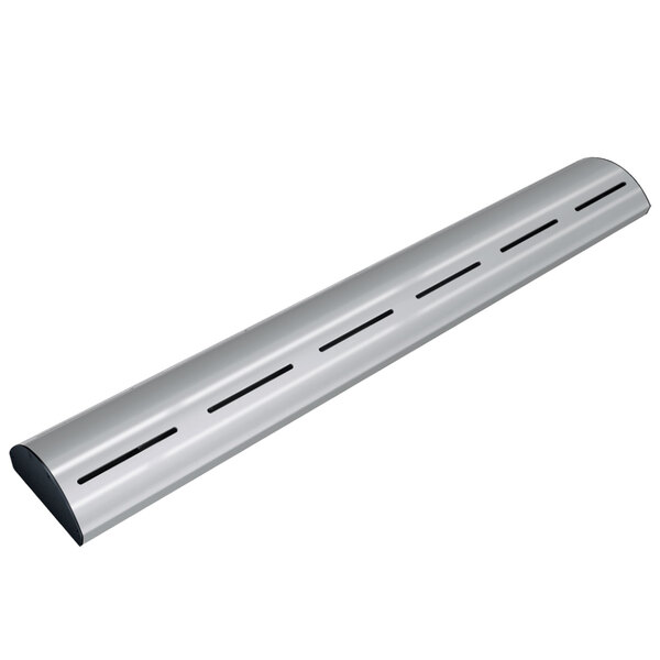 A silver metal curved tube with holes and LED lights.