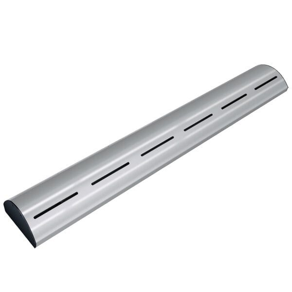 A silver metal curved tube with holes.