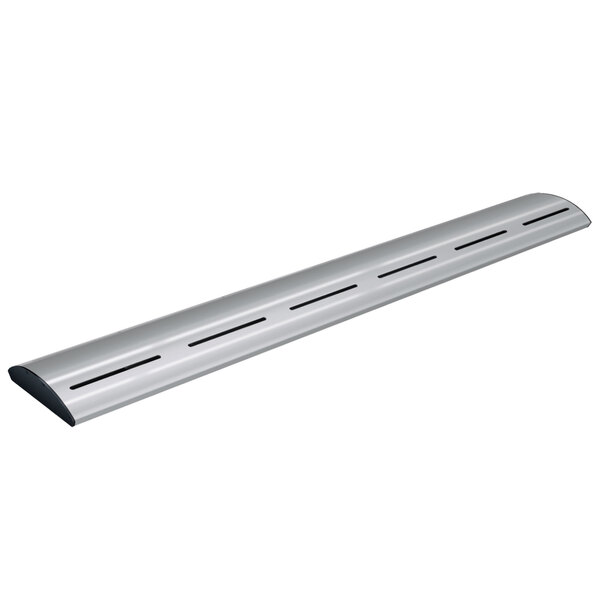 A silver curved metal strip with holes.
