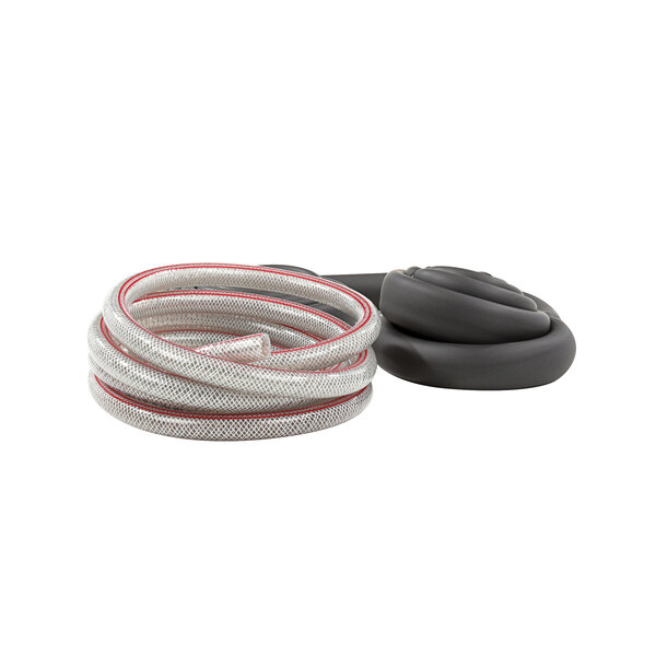 A black and white hose with a pair of red and white rubber bands on it.