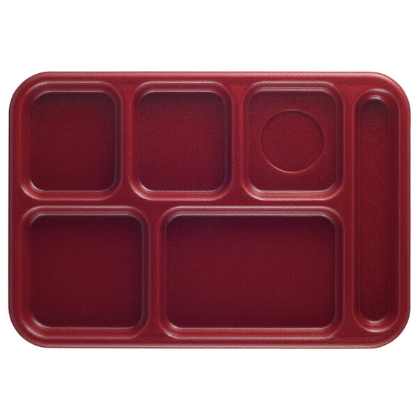 A red Cambro 6 compartment tray with squares and a circle.