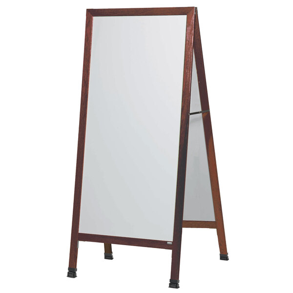 A cherry wood A-frame sign board with a white porcelain marker board.