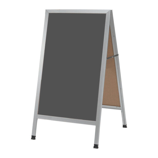 An Aarco slate gray chalkboard with a silver frame.