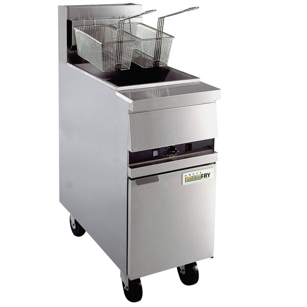 An Anets GoldenFry liquid propane floor fryer with solid state controls on wheels with two baskets.