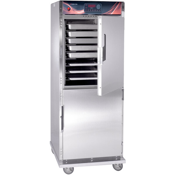 A stainless steel Cres Cor rethermalization oven with wheels.