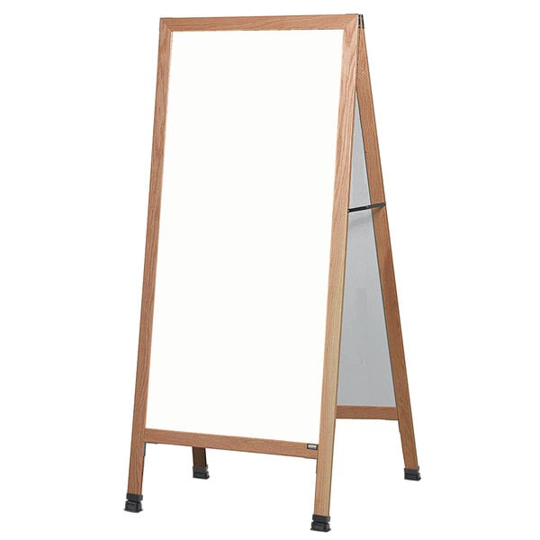 An Aarco oak A-frame sign board with a white write-on melamine marker board.
