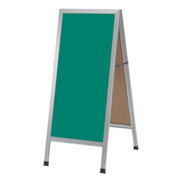 An Aarco aluminum A-Frame sign board with a green chalk board and white frame.