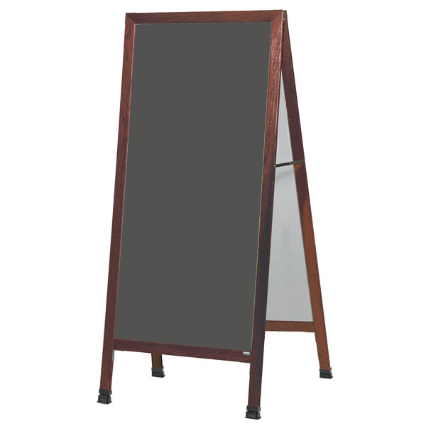 A cherry wood A-Frame sign board with a slate gray chalk board.