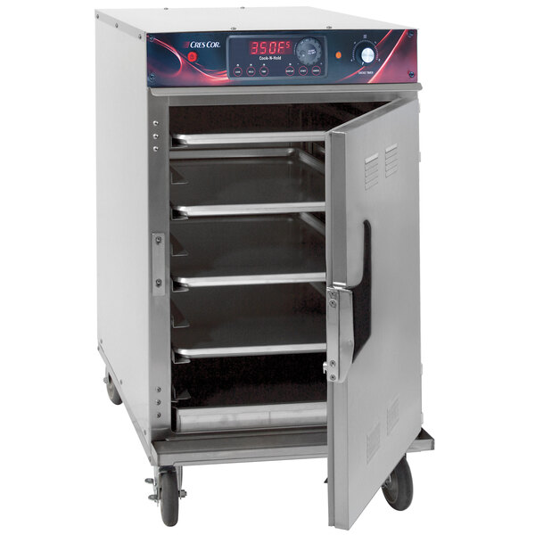 A large stainless steel Cres Cor smoker oven with a door open.