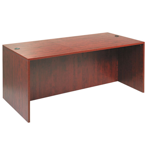 A medium cherry wooden desk shell with a straight front.