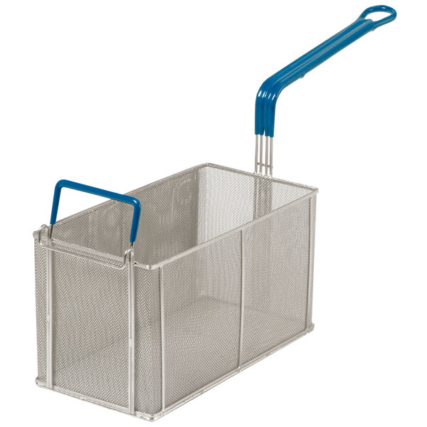 A stainless steel Pitco pasta basket with a blue handle.