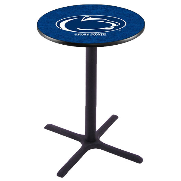 A black bar height pub table with a blue and white Penn State University logo on the surface.