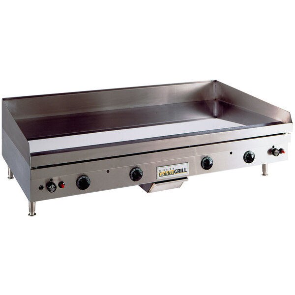An Anets stainless steel countertop griddle with thermostatic controls.