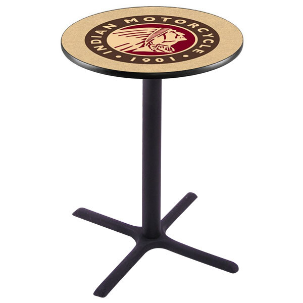 A round black table with a red Indian Motorcycle logo on it.