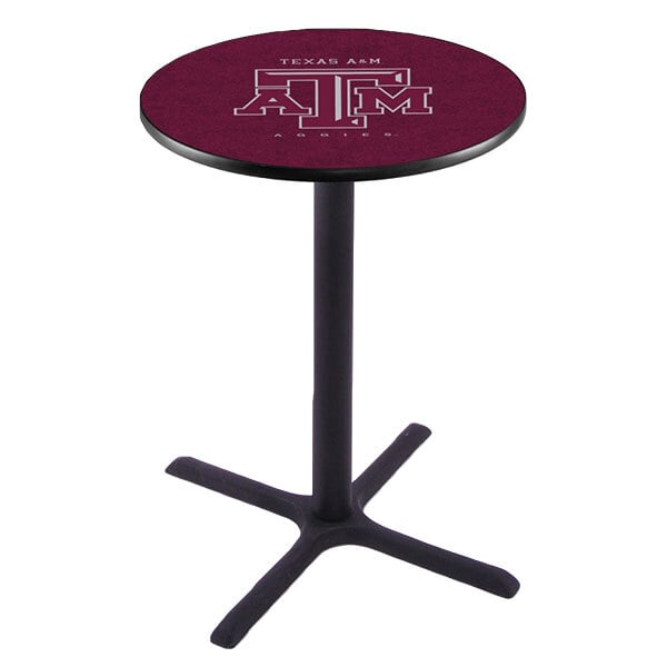 A maroon and gold Holland Bar Stool Texas A&M pub table with a logo on it.