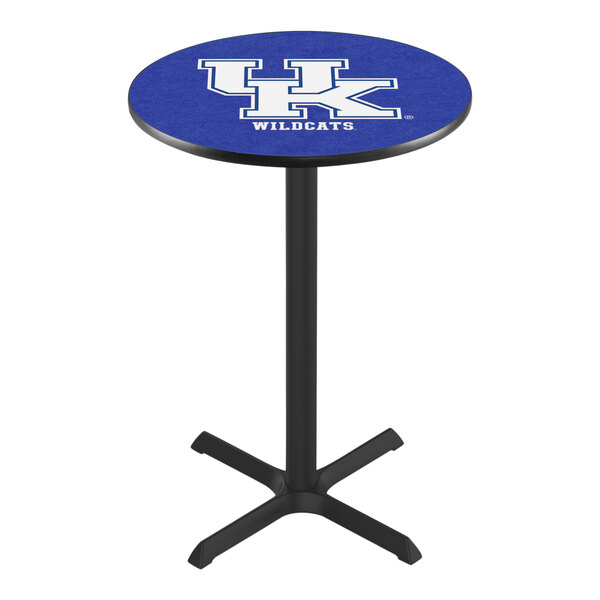 A blue and white Holland Bar Stool University of Kentucky pub table.