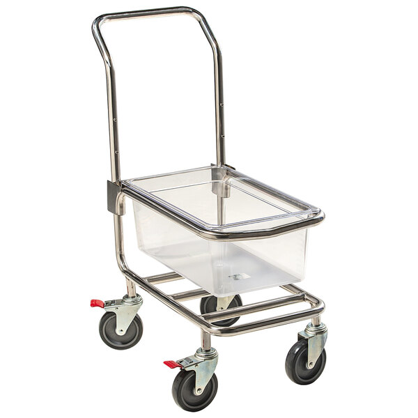 A Hobart adjustable height metal cart with a clear plastic container on the frame.