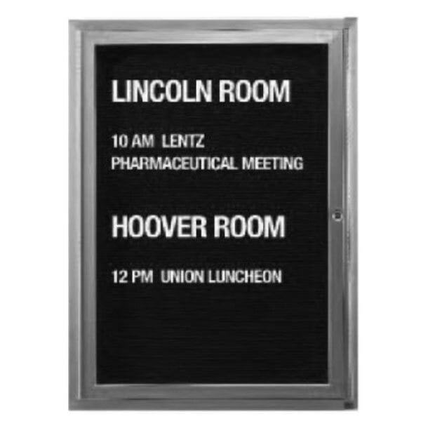 An Aarco enclosed message center with a black letter board displaying white text that reads "Lincoln Room"