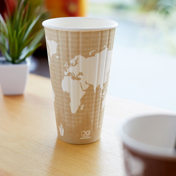 A paper Eco-Products hot cup with a world map on it.