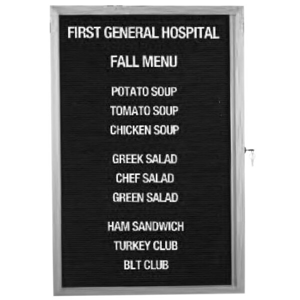 A black sign with white text that says "First General Hospital Fall Menu" over a white background.
