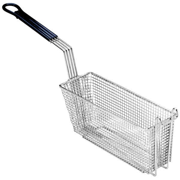 A white wire Anets triple size fryer basket with a front hook.
